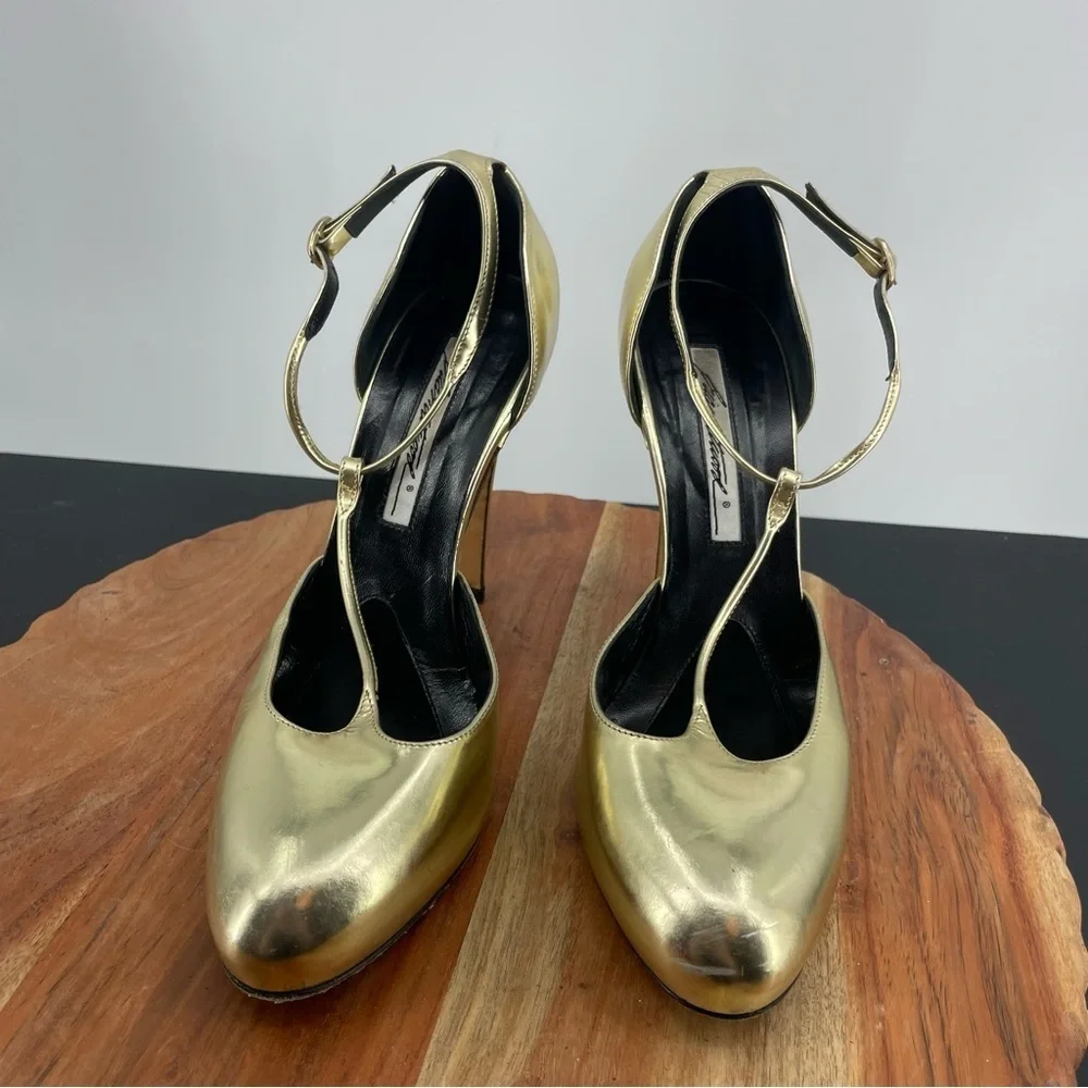 Brian Atwood Vintage Gold T-Strap‎ Platform Pumps 37.5 US 7.5